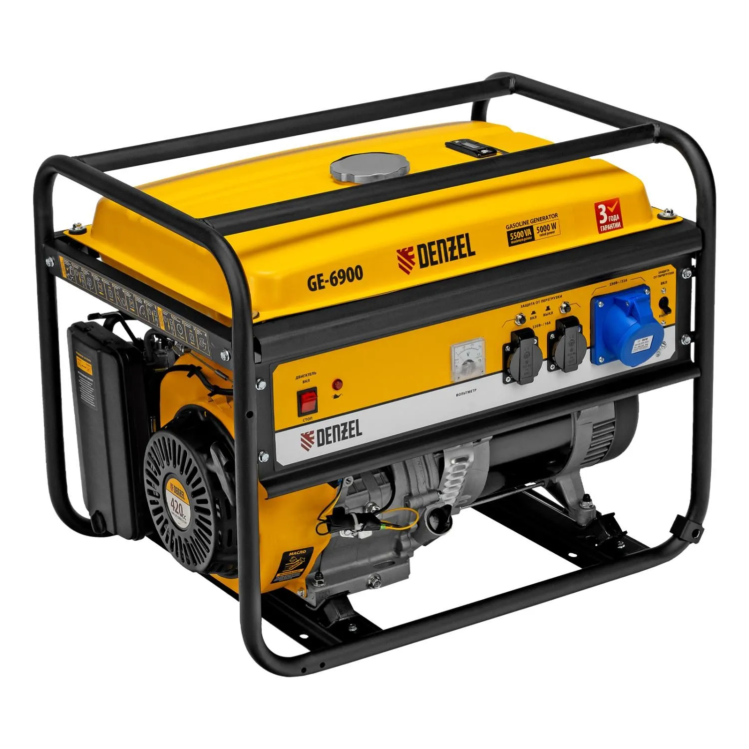 Генератор бензиновый GE 6900, 5.5 кВт, 220 В/50 Гц, 25 л, ручной старт Denzel купить