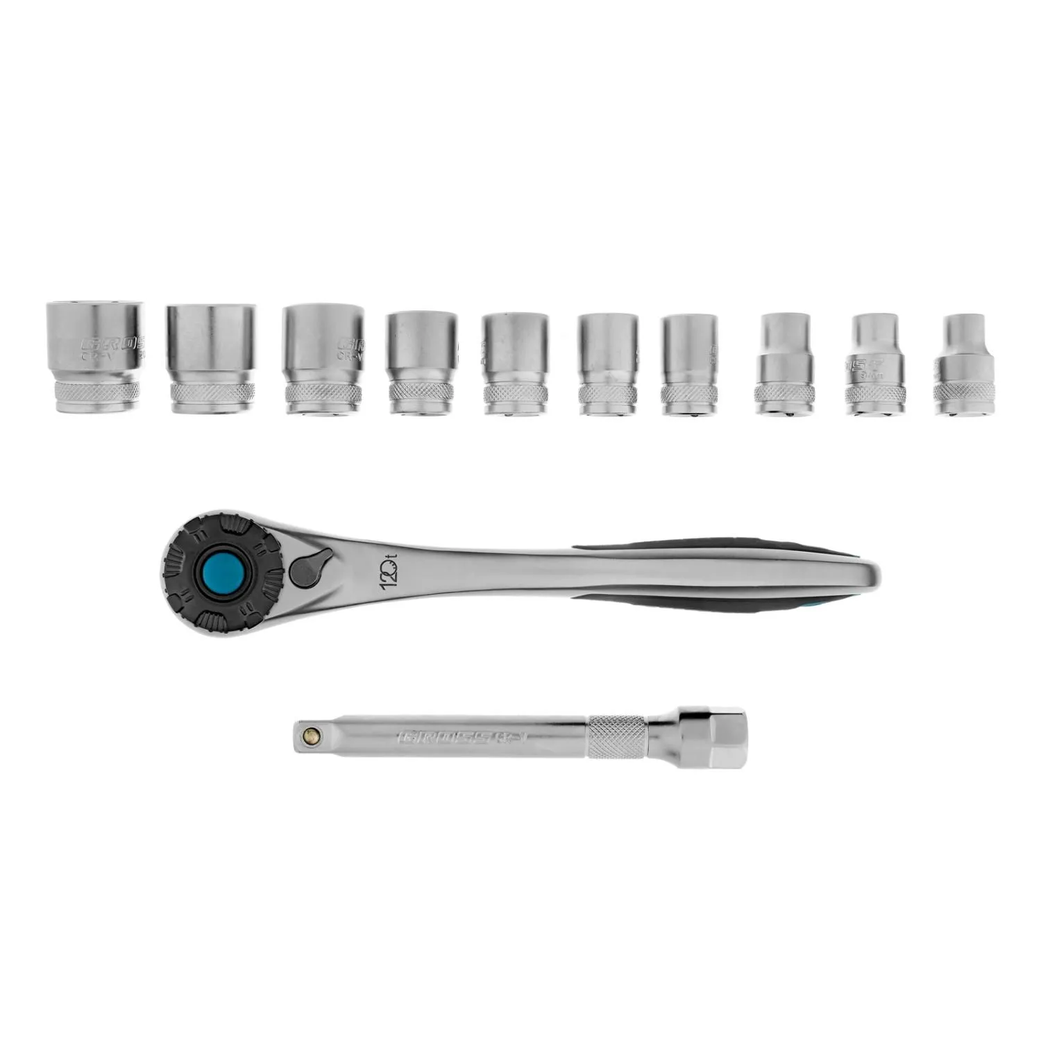 Набор торцевых головок, трещотка 120 зубьев, 3/8", CrV, 12 предметов Gross купить
