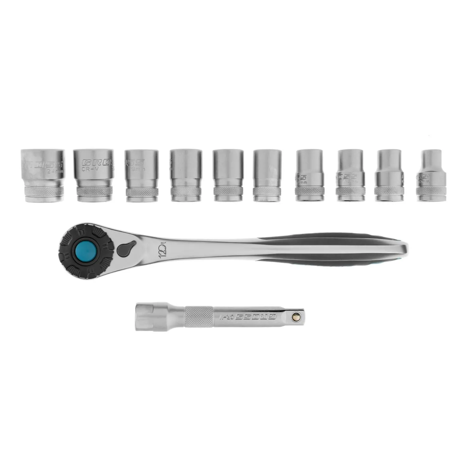 Набор торцевых головок, трещотка 120 зубьев, 1/2", CrV, 12 предметов Gross купить