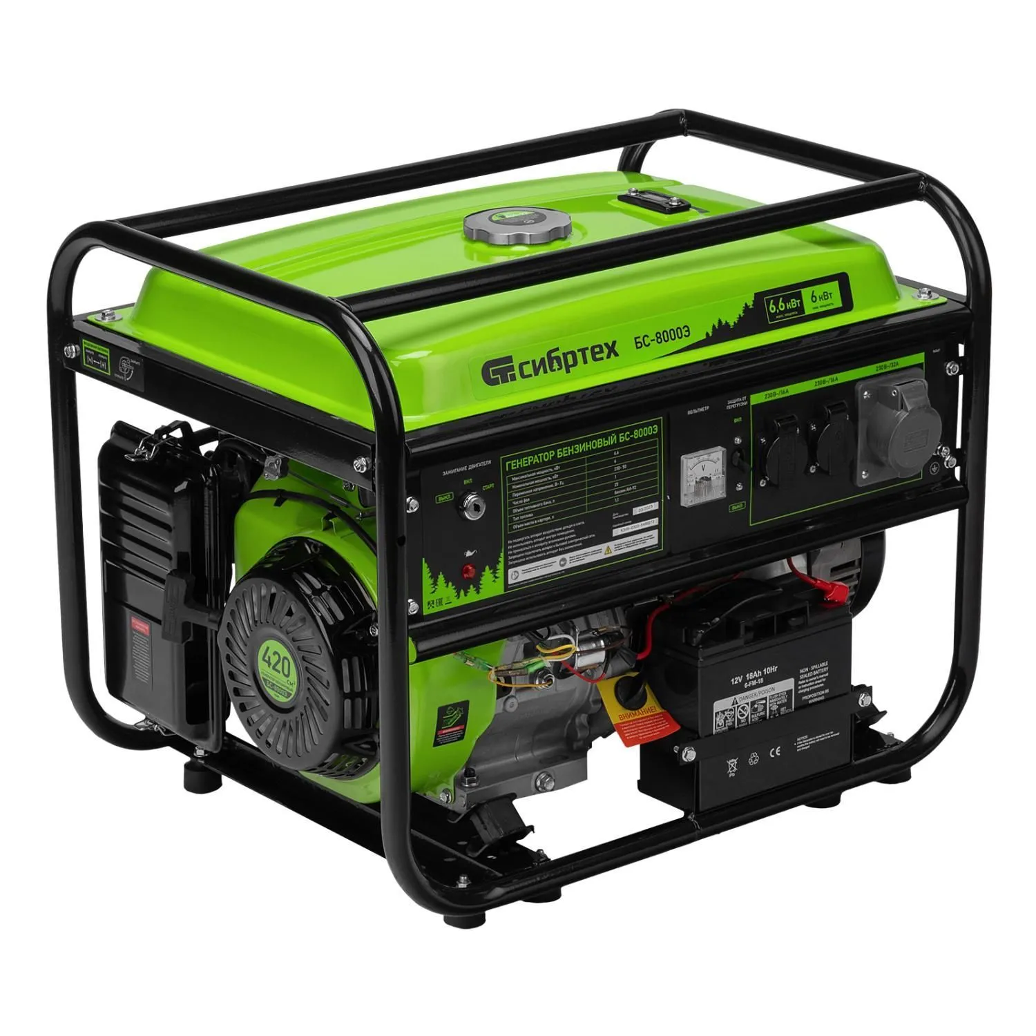 Генератор бензиновый БС-8000Э, 6,6 кВт, 230В, четырехтактный, 25 л, электростартер Сибртех купить